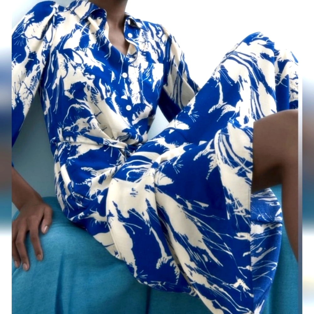 EUC ZARA The Emilie blue Printed Button Top Midi Dress Large